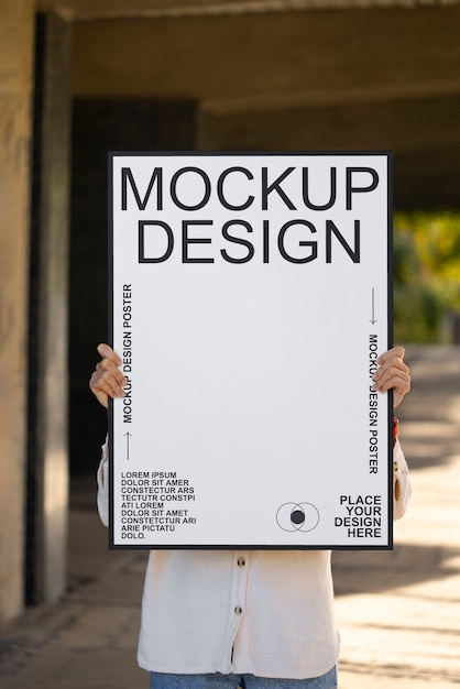 PSD person holding poster mockup