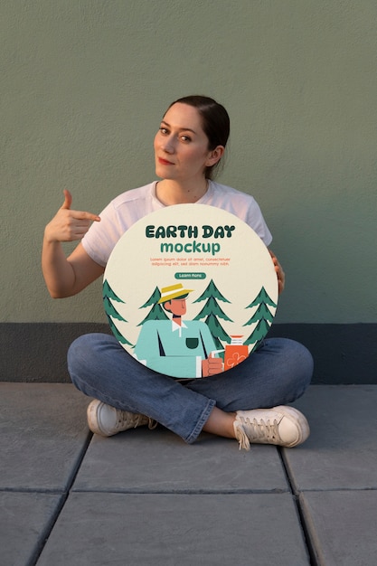 PSD person holding a signboard mockup for earth day