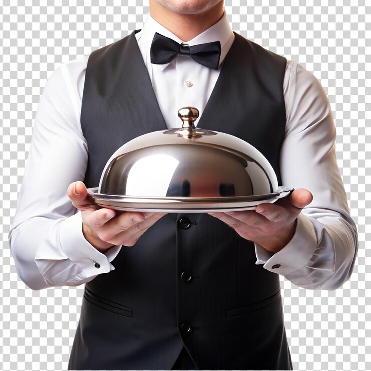 PSD a person holding a silver tray with a silver lid on transparent background