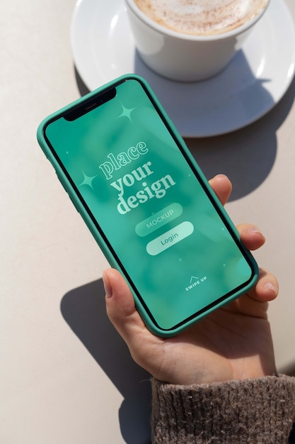 person holding smartphone mock-up outdoors