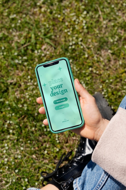 PSD person holding smartphone mock-up outdoors