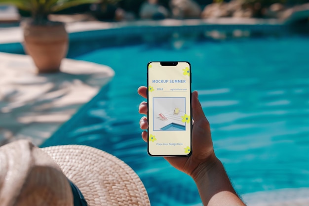 PSD person holding smartphone mockup near pool