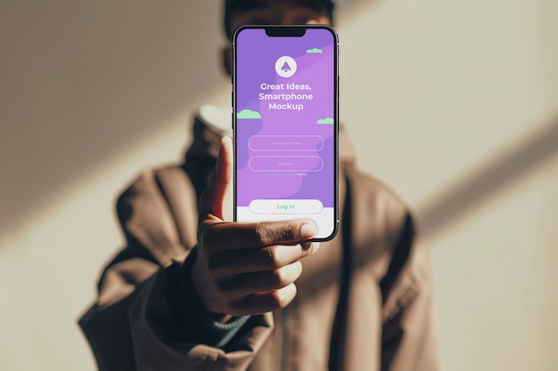 Person holding smartphone mockup