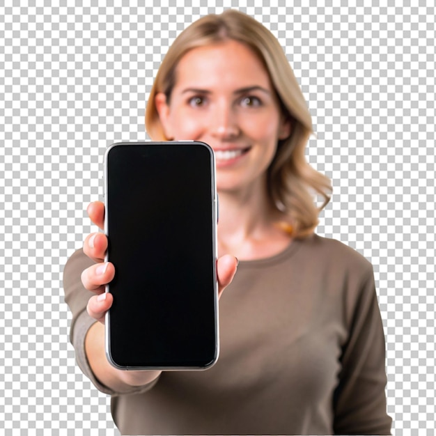 PSD person holding smartphone with blank screen png