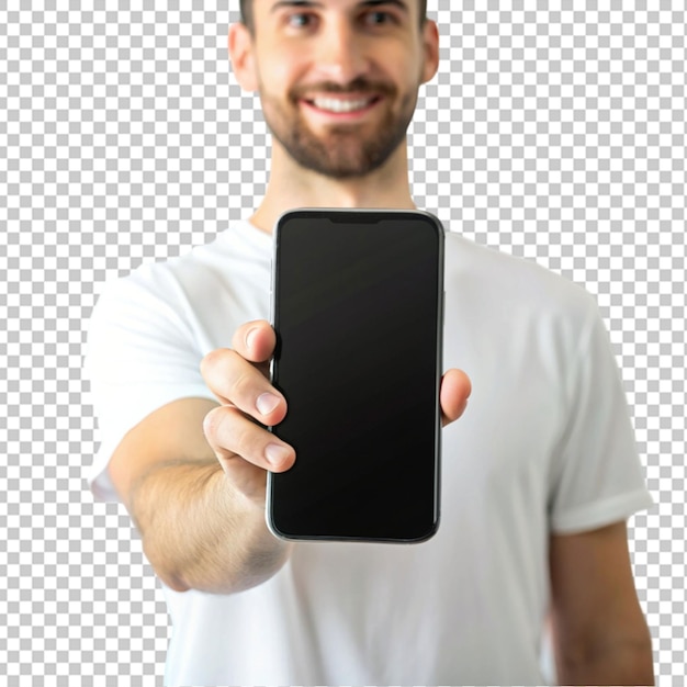 PSD persona con uno smartphone con lo schermo vuoto png