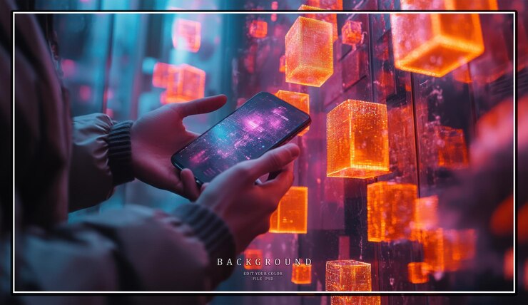 PSD person holding a smartphone with a glowing screen in front of a wall with glowing cubes