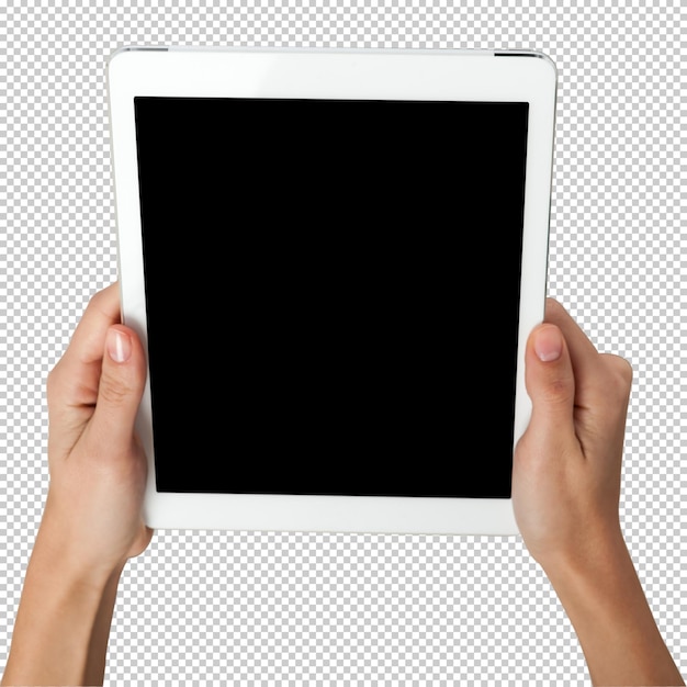a person holding a tablet with a black screen that says no
