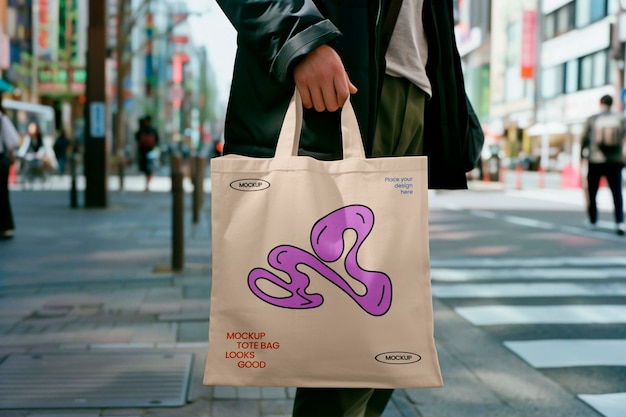 PSD person holding tote bag mockup ontwerp