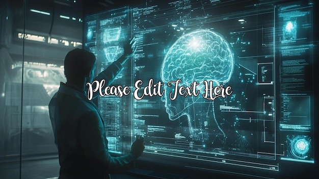 person interacting with a holographic brain display showing neural network data
