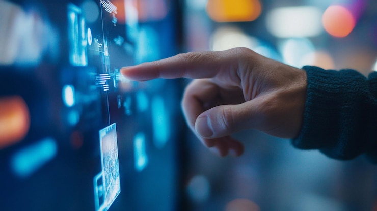 PSD person interacting with a touch screen display showing data visualizations