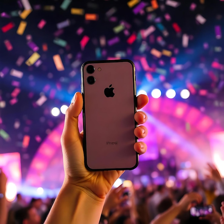 PSD a person is holding up an iphone with confetti in the background