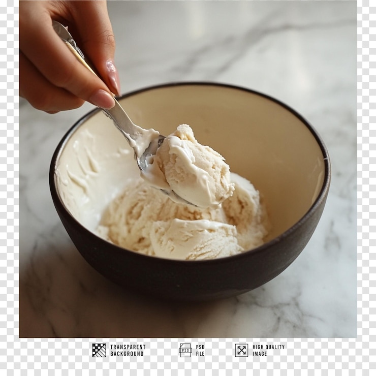 PSD a person is using a spoon to scoop up ice cream