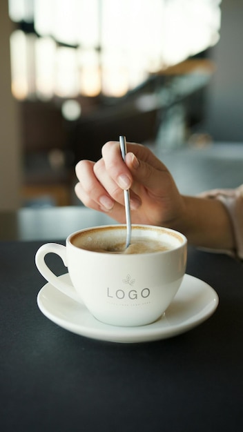 人がカップのコーヒーを混ぜるためにスプーンを使っている