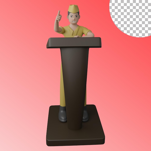 person on podium pointing in front of veteran 3d