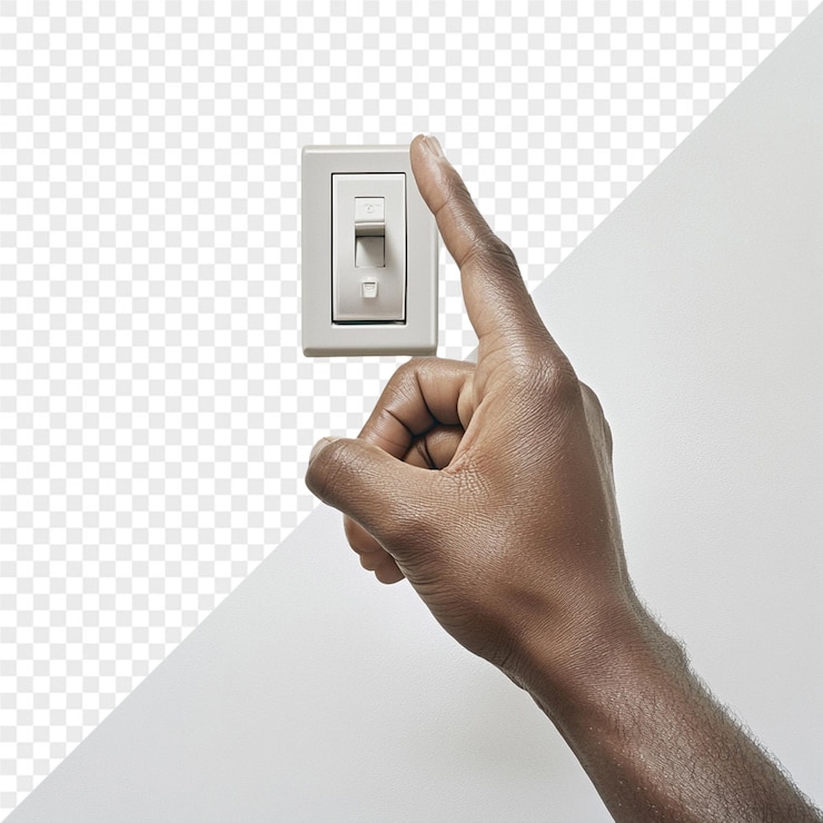 PSD a person pointing at a light switch on a wall
