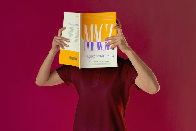 Person reading color pop magazine with cover mockup