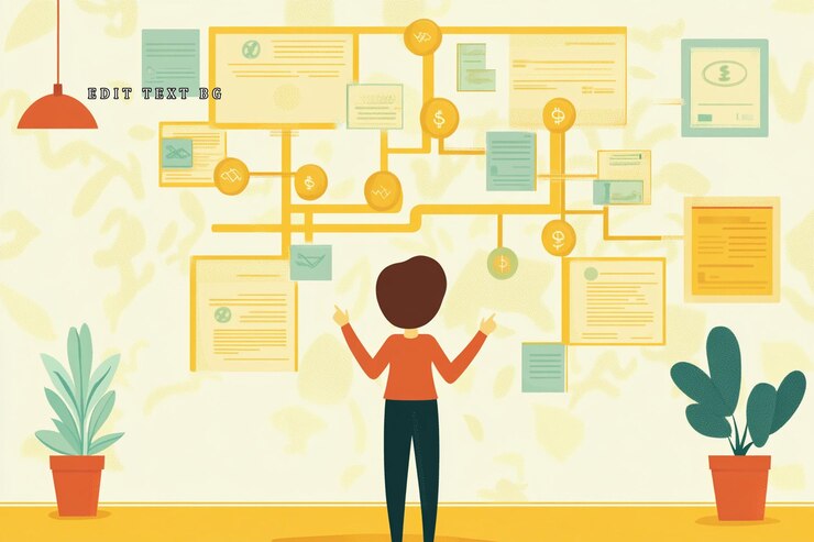 PSD person reviewing interconnected documents and financial data on a wall