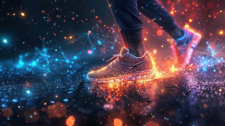 PSD a person running with their shoes leaving a trail of fire and sparks