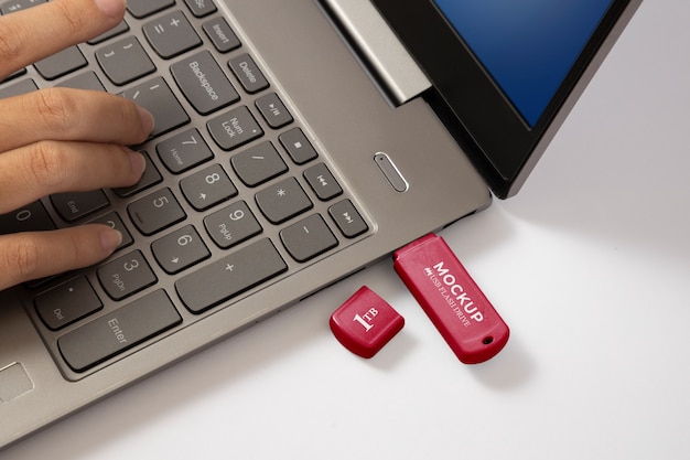 PSD person's hands holding usb memory stick