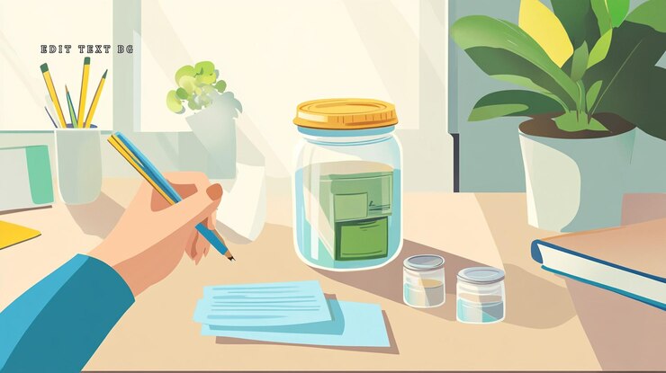 PSD person saving money in a glass jar at a desk