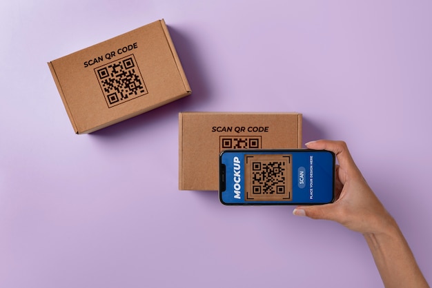 PSD person scanning qr code on cardboard box with smartphone