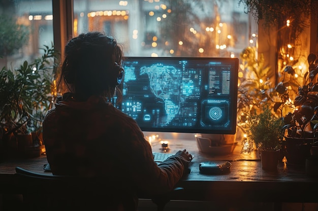 a person sits at a desk wearing headphones looking at a computer screen with a map displaying data there are potted plants and fairy lights in the background