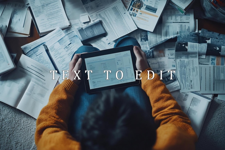 PSD person sits on floor surrounded by papers using tablet
