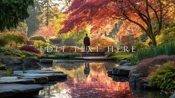 PSD person standing by autumnal pond reflecting vibrant colors of trees and foliage in a serene garden