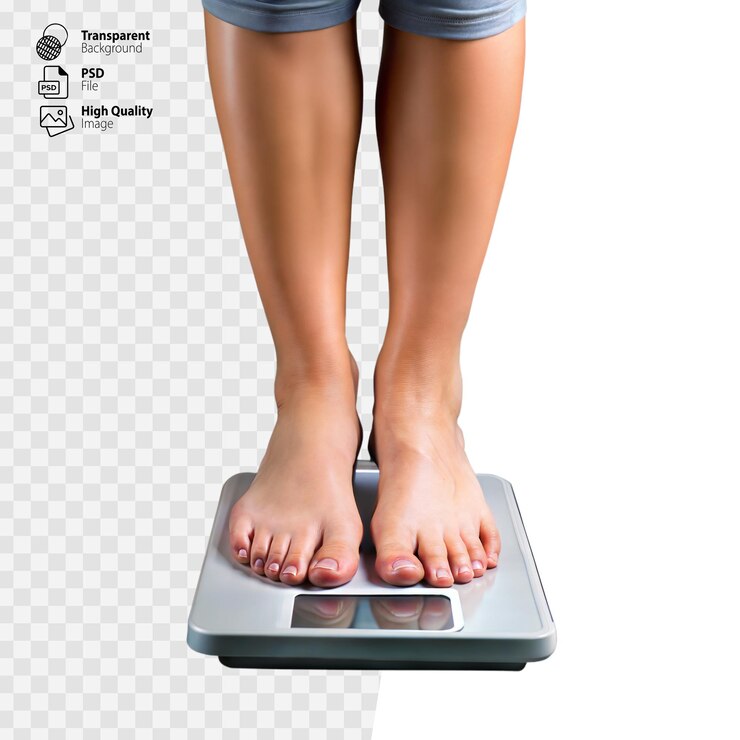 PSD person standing on digital bathroom scale during health check