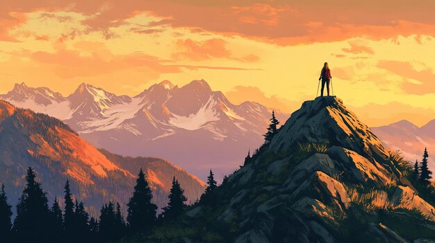 person standing on mountain peak at sunset overlooking a vast mountain range