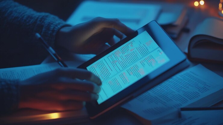 PSD person studying late at night using a tablet with books spread out around them
