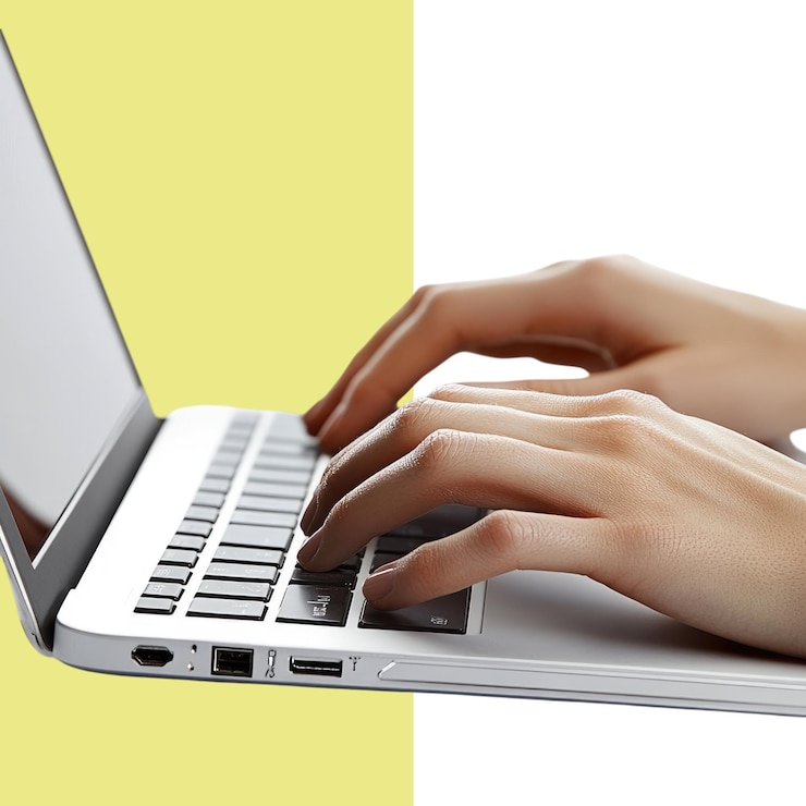 PSD a person typing on a keyboard with their hands mouse and a white background in a topview photograph isolated photography against a white color background transparent alpha background png