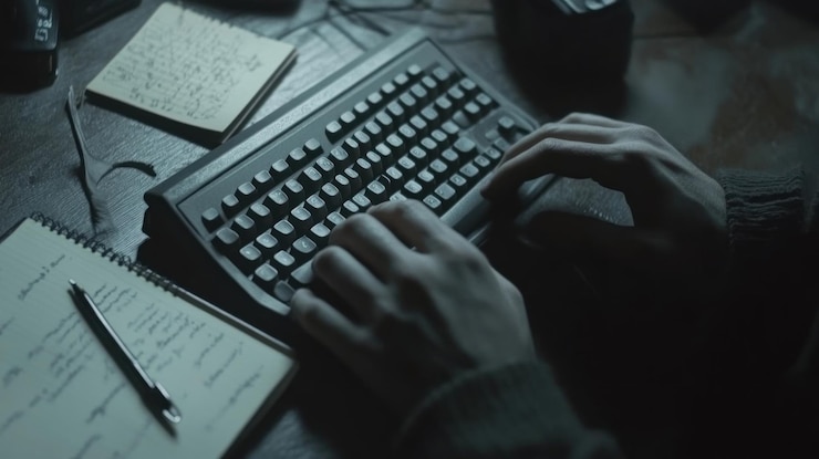 PSD person typing on an old keyboard at a dimly lit desk with handwritten notes