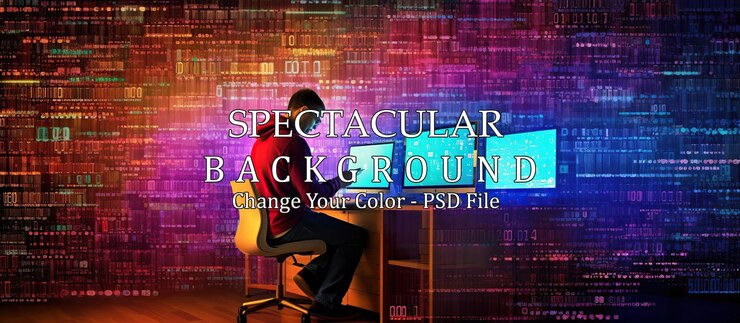 PSD person using digital devices surrounded by colorful data visuals