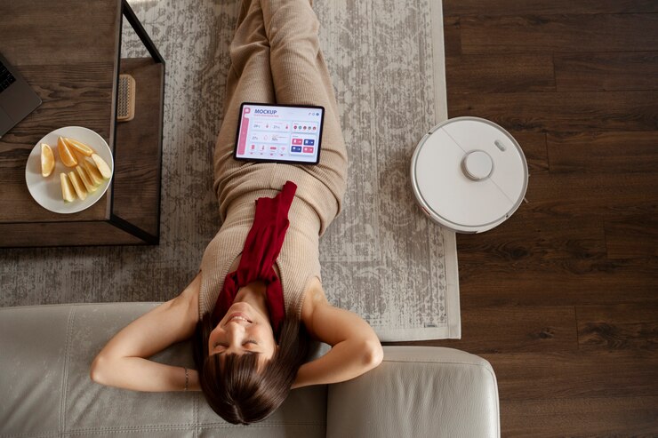 PSD person using home technology with device mockup
