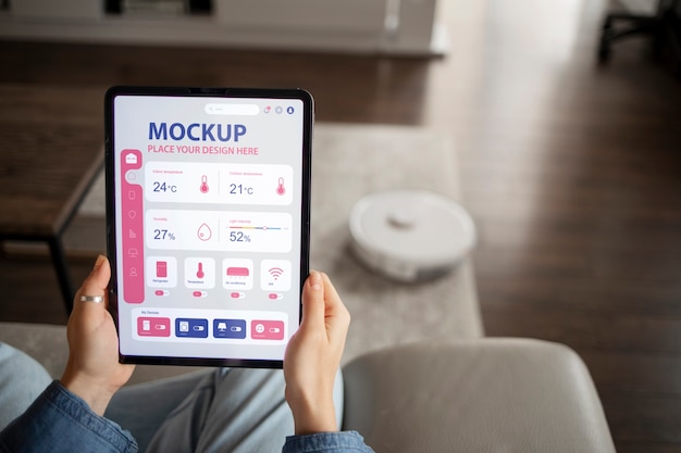 PSD person using home technology with device mockup