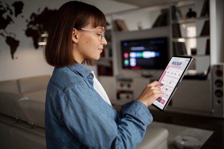 PSD person using home technology with device mockup