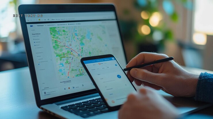 PSD person using laptop and smartphone with map application