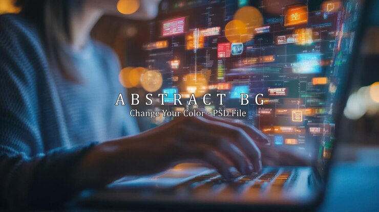 PSD person using laptop with futuristic interface