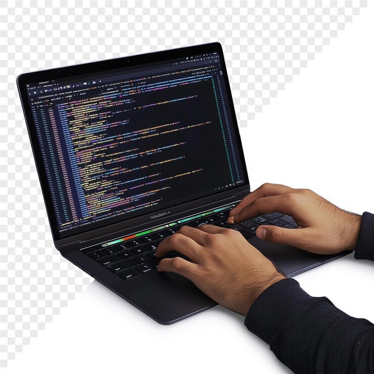 a person using a laptop with the word code on the screen