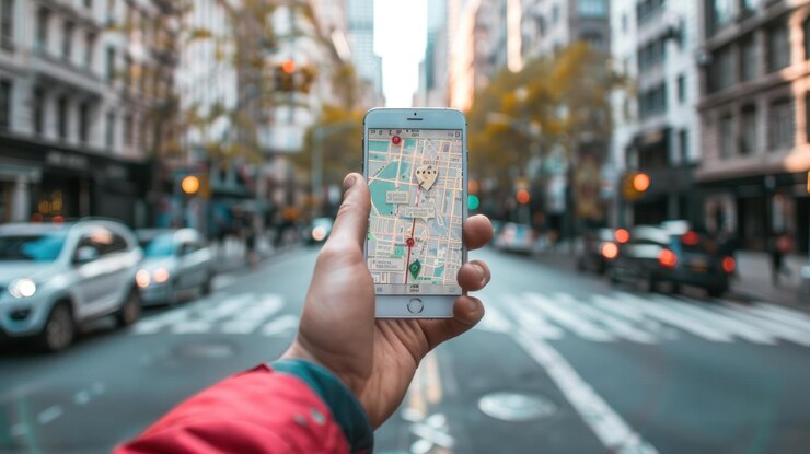 PSD person using navigation app on smartphone in city street