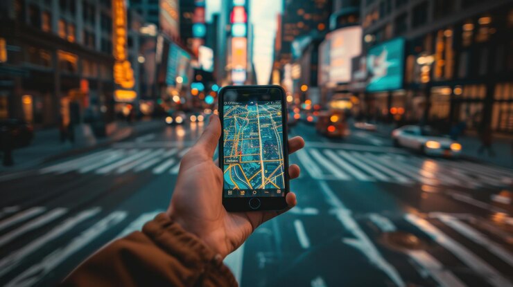 PSD person using phone map app in city