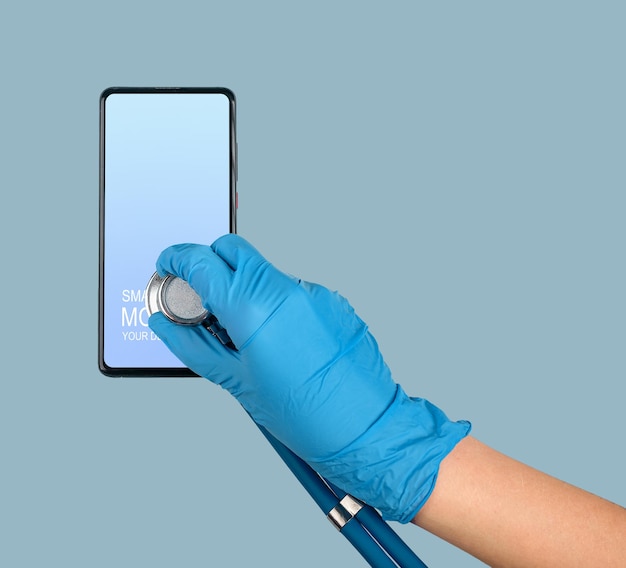 a person using a smart phone with a stethoscope on their wrist.