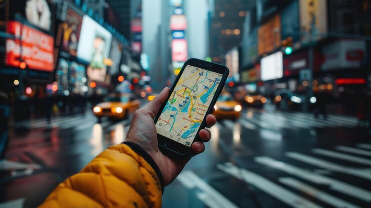 PSD person using smartphone gps map app in busy times square nyc