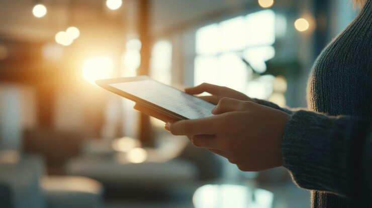 PSD person using a tablet in a warm cozy setting
