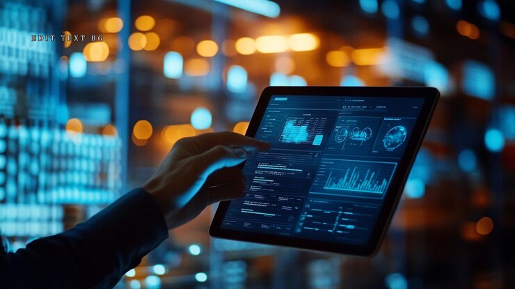 PSD person using tablet with data analytics dashboards in a server room