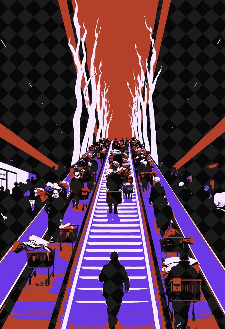 PSD a person walking down a staircase with a long line of people walking down it