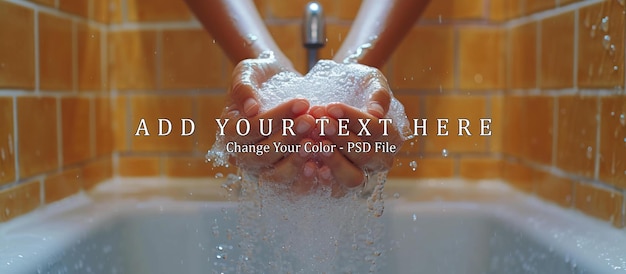 PSD a person washes his hands in a bright bathroom sink