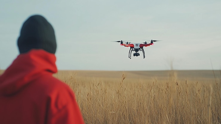 PSD person watching drone fly over field