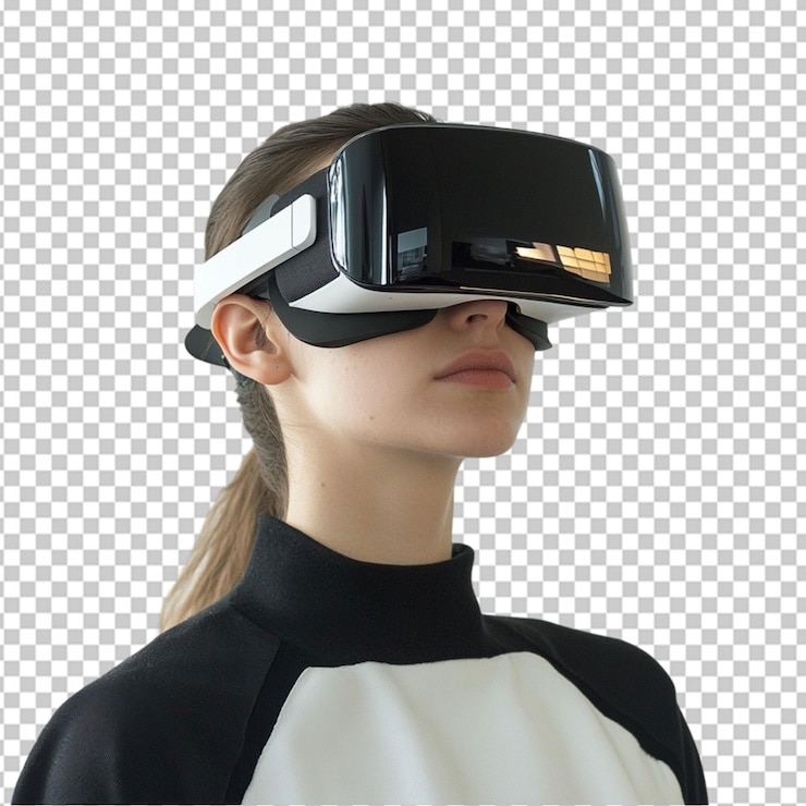 PSD person wearing futuristic virtual reality glasses on transparent background